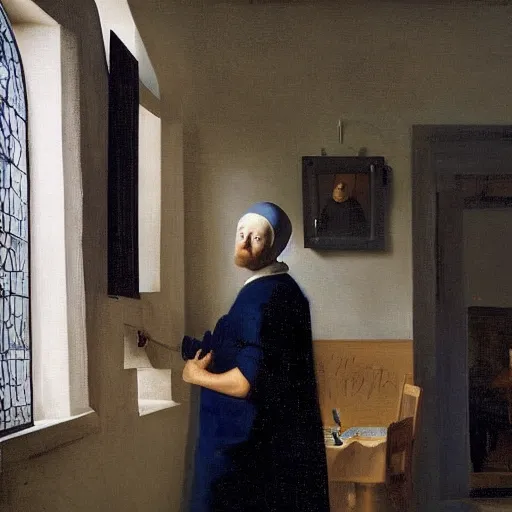 Image similar to Elon Musk, painting by Dutch painter Vermeer, window light