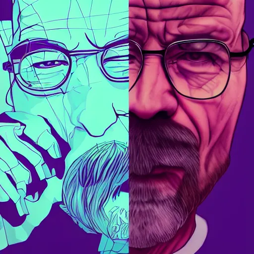 Prompt: high quality illustration, walter white portrait, cyberpunk colors, vaporwave, retro, neotrad, lois van baarle, moebius, league of legend, arcane style