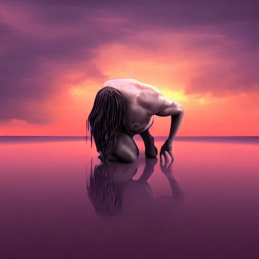 Prompt: a weeping demon crouching in the middle of a shallow sea, purple sky and black clouds, in style of Francis Bacon, hd, 8k resolution, high detail