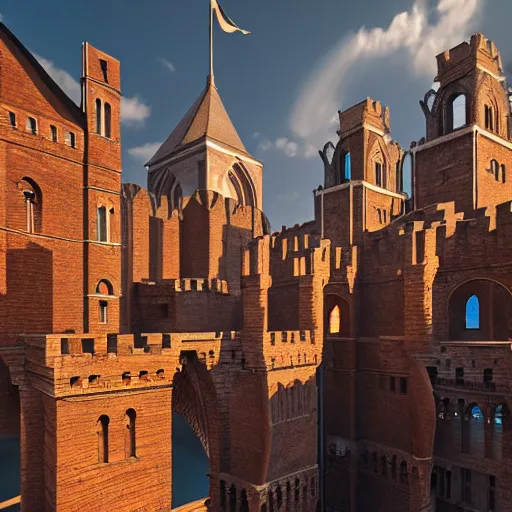 Image similar to Aerial long shot of epic medieval city of epic stone-brick buildings with european arched doorways, crenellated balconies, wood ornaments, flagpoles, tiny ornate windows, planned by Syd Mead, Arnold Render, Quixel Megascans