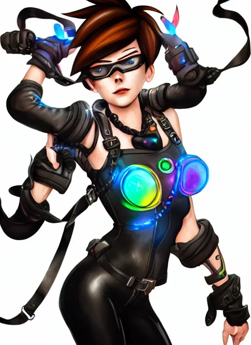 Image similar to full body digital artwork of tracer overwatch, wearing black iridescent rainbow latex tank top, 4 k, expressive happy smug expression, makeup, in style of mark arian, wearing detailed black leather collar, chains, black leather harness, leather cuffs around wrists, detailed face and eyes,