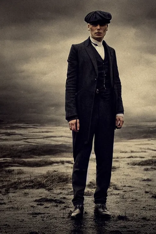 Image similar to Full-body portrait of Cillian Murphy in Peaky Blinders standing, arms crossed on chest, dramatic, gloomy, dark, bleak, cheerless, desolate, impressive, tragic, cinematic, dull colors