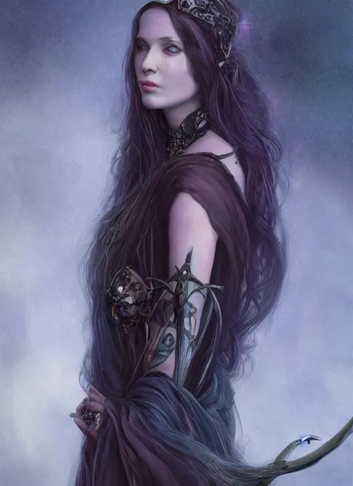 Image similar to tarot!!, pale, beautiful witch with long hair, fantasy medieval, jeweled choker, vivid colors, elegant, concept art, sharp focus, beautiful face!!, digital art, Hyper-realistic, 4K, Unreal Engine, Highly Detailed, Dramatic Lighting, Beautiful, by Brom, trending on Artstation, Tom Bagshaw, Sargent