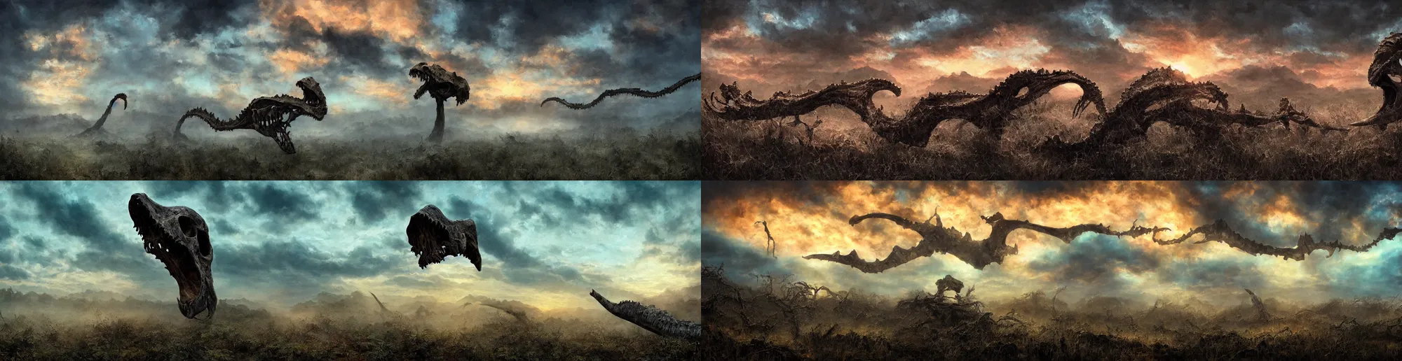 Prompt: moody sunset backlight dinosaur skull ribcage remains , damaged vine bridge , cyan mist , dramatic sky , heavy textured detailed gritty oil painting by Frazetta 8k