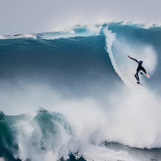 Prompt: surfer riding a surfboard made of medium rare steak, big wave hawaii, 5 0 foot waves, tsunami surfing aerial photography