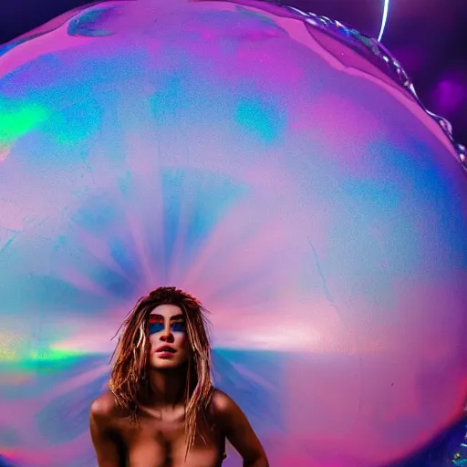 Image similar to portrait photo, a woman covered in intricate silver body paint and a purple florescent bikini inside an iridescent bubble floating above beautiful colorful sunset clouds