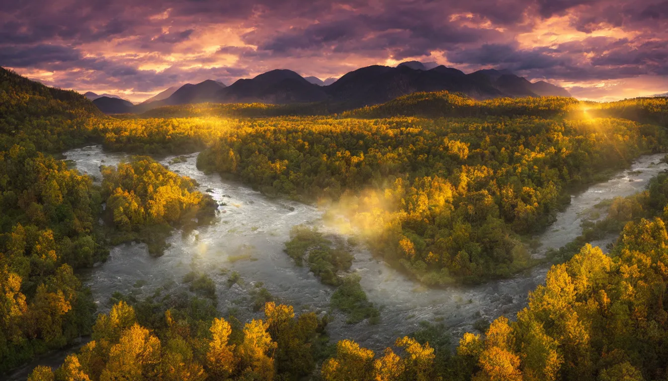 Prompt: stunning high quality landscape photograph of a beautiful river valley viewed from a bridge at sunset, taken by daniel kordan, lighting by albert bierstadt, fujifilm x series, fujinon lens, 2 4 mm, f 1 6, flickr, 5 0 0 px, behance competition winner, photographer of the year, crepuscular rays