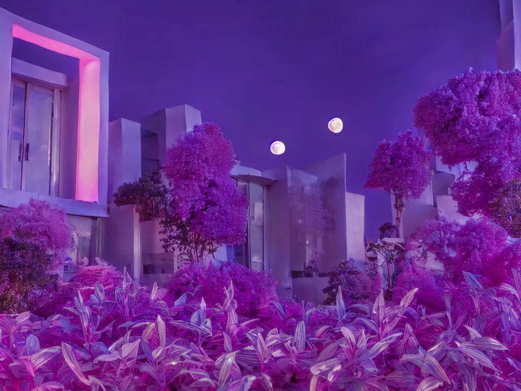 Image similar to beautiful mannequin sculpted out of amethyst by billelis + lit with 3 d geometric neon + facing a doorway opening with neon pink geometric fractal light + flowering hosta plants!!!, moon + city of los angeles in background!! dramatic, rule of thirds, award winning, 4 k, trending on artstation, photorealistic, volumetric lighting, octane render