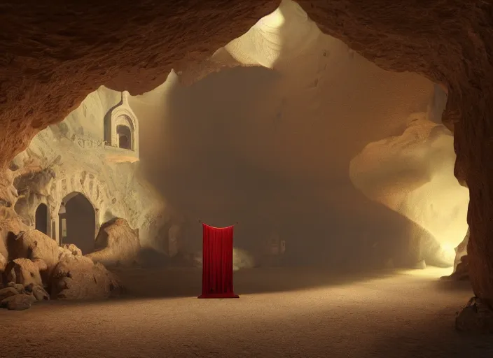 Prompt: a mosque inside a cave, red prayer rug, holy by caspar david friedrich by james gilleard and justin gerard, artstation, smooth, sharp focus, by jean baptiste, octane render