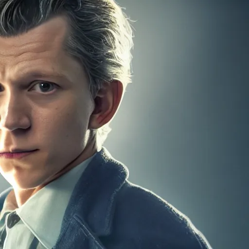 Image similar to tom holland as a rough dirty old man with a scruffy beard in a dark blue trenchcoat as the new doctor who, cinematic, volumetric lighting, f 8 aperture, cinematic eastman 5 3 8 4 film, photorealistic