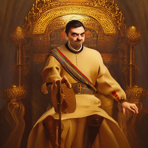 Image similar to A portrait of Mr. Bean depicted as a medieval king on throne, close up shot, atmospheric lighting, painted, intricate, volumetric lighting, beautiful, rich deep colours masterpiece, golden hour, sharp focus, ultra detailed, by Leesha Hannigan, Ross Tran, Thierry Doizon, Kai Carpenter, Ignacio Fernández Ríos