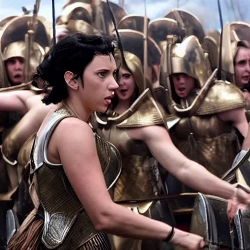 Prompt: black haired scarlett johansson as the greek goddess athena, leading an army in a battle, scene from live action movie