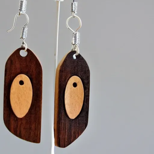 Prompt: wood earrings with crazy shapes and designs, symmetrical