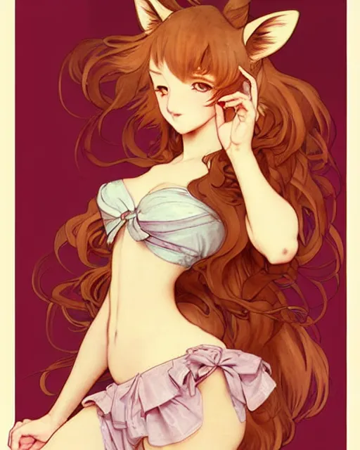 Prompt: A cute frontal fullbody painting of a beautiful anime skinny foxgirl with curly brown colored hair and fox ears on top of her head and tempting eyes wearing a cute red dress looking at the viewer, elegant, delicate, soft lines, higly detailed, smooth , pixiv art, cgsociety, artgem, art by Gil Elvgren alphonse mucha and charles reid, high quality, digital illustration, concept art