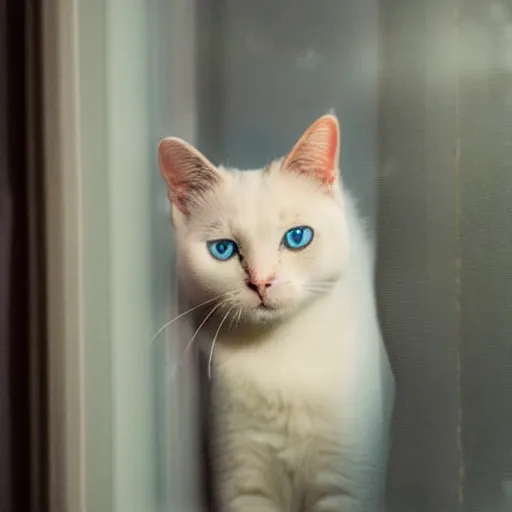 Image similar to A beautiful photo of a cat looking out of the window at night,It has big blue eyes , Photography , Long-range shots