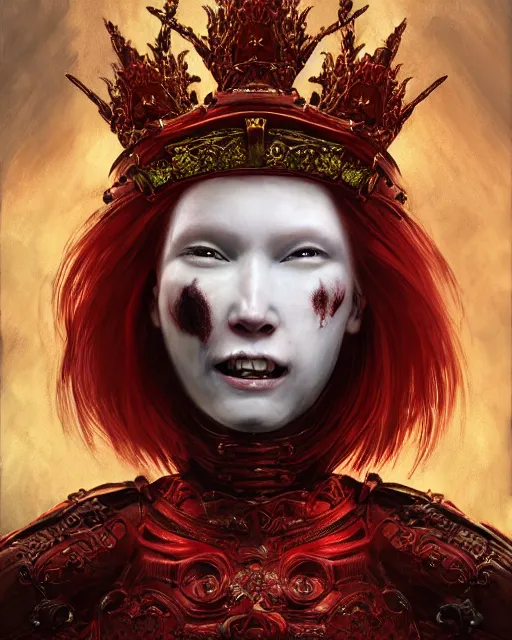 Prompt: redhead queen in heavy red armor, inside an epic gothic castle, baroque, large crown helmet, face with scars, mad grin, insane smile, intimidating, ominous, high fantasy, intricate detail, digital painting, artstation, concept art, smooth, sharp focus, illustration, art by yoshitaka amano and monia merlo and wlop
