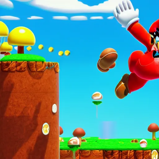 Image similar to Mario jumping off a white and red spotted mushroom, Mario brothers theme, mushroom kingdom in background, landscape, beautiful, colorful, cinematic composition, exotic plants, goombas,