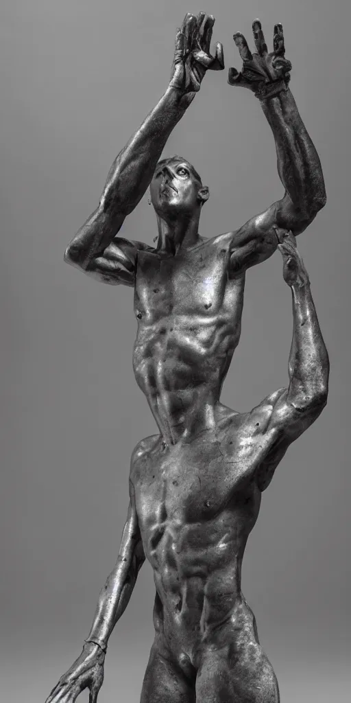 Prompt: A highly detailed cyberpunk brutalist angular greek statue of a person reaching hand out, sculpture
