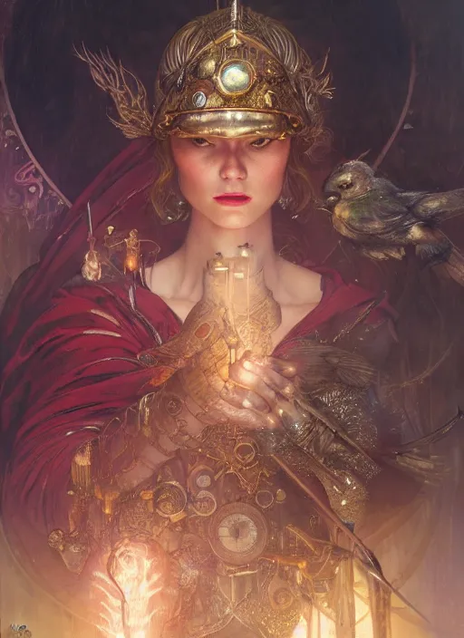 Image similar to hyper realistic knight casting a spell, refined details, denoised, birds eye view, magical, gems, jewels, gold, steampunk, cyberpunk utopia, painted by tom bagshaw, mucha, gaston bussiere, craig mullins, j. c. leyendecker 8 k