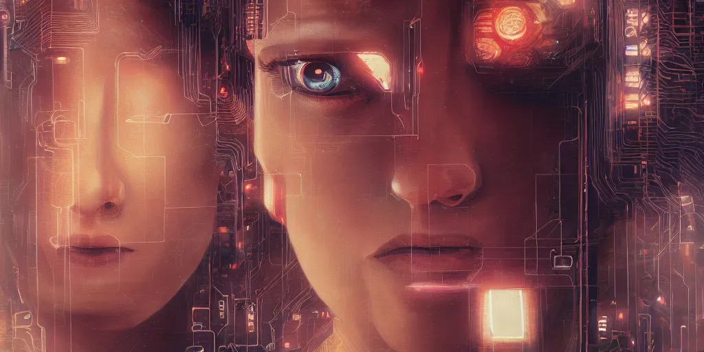 Image similar to a face covered in computer circuits, scifi, bladerunner, cyberpunk, very detailed eyes, 8 k resolution, by wlop, greg rutkowski