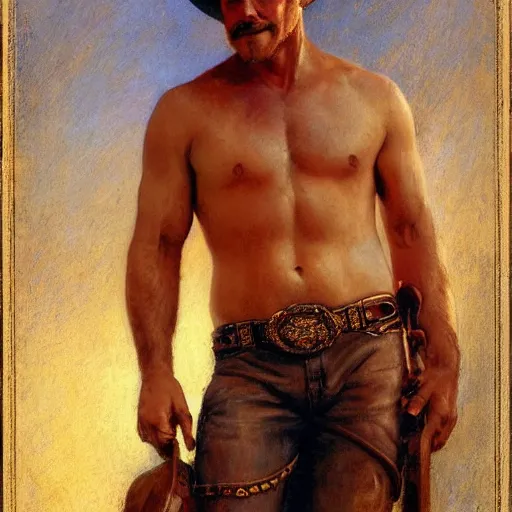 Prompt: a beautiful dramatic tarot card of a shirtless gorgeous cowboy. he is wearing cowboy boots. he has a thick build dadbod and a mustache. homoerotic, art by highly detailed painting by gaston bussiere, craig mullins, j. c. leyendecker 8 k