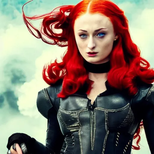 Image similar to an action shot of Sophie turner as Miss Fortune in League of Legends the movie, centered, 4K, cinema, imax, hyperreal