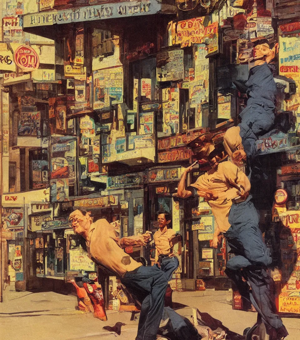 Prompt: standing portrait of ecstatic quin cat looking into the camera standing smoking a cigarette, summer, warm street lights store front, 1 9 6 0 s technicolor, intricate, moody, personal, highly detailed, short focus depth, donato giancola, joseph christian leyendecker, frank frazetta, alex horley, ralph horsley, michael whelan, 2 0 0 mm focal length