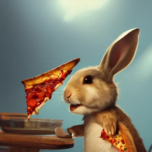 Prompt: a rabbit smiling and eating pizza by greg rutkowski and thomas kinkade, trending on artstation, 3 d render octane