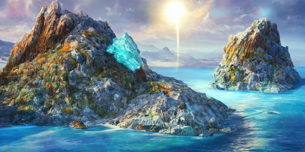 Image similar to salt covered islands surrounded by colourful rugged crystal quartz mountains, illustration, bright sunlight, sun glints, sunrays, digital art, hyperrealistic, oil painting, fantasy, 8 k, trending on artstation, detailed