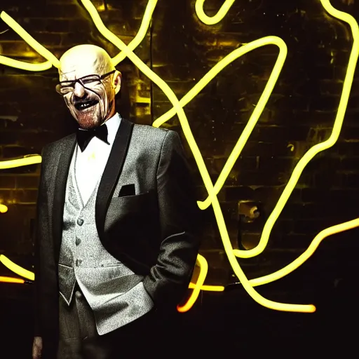 Image similar to portrait of walter white in a tuxedo, laughing in a modern night club, neon lights