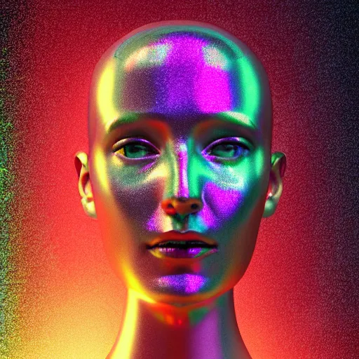 Image similar to 3d render of holographic human robotic head made of glossy iridescent, surrealistic 3d illustration of a human face non-binary, non binary model, 3d model human, cryengine, made of holographic texture, holographic material, holographic rainbow, concept of cyborg and artificial intelligence