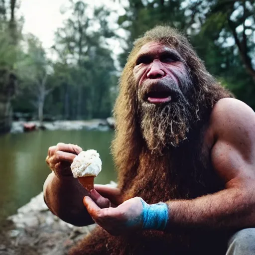 Image similar to photo of a neanderthal caveman eating ice cream