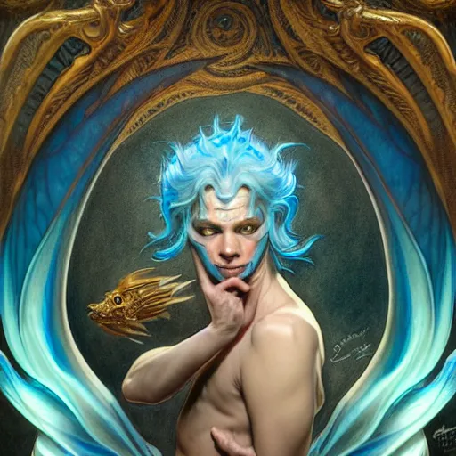 Image similar to surprised blue merman D&D creature, looking down at own hand, wide angle shot, fantasy, intricate, elegant, highly detailed, digital painting, artstation, smooth, sharp focus, illustration, art by artgerm and greg rutkowski and alphonse mucha