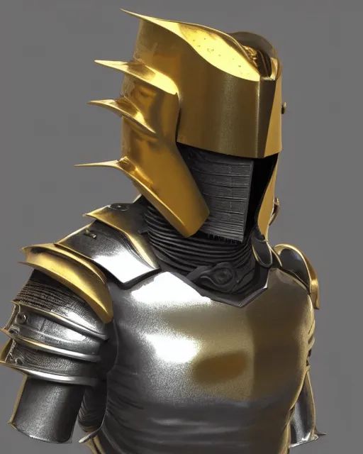 Image similar to suit of fantasy armor, shiny silver armor with gold trim, clean, flat shading, trending on artstation