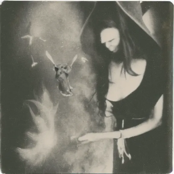 Prompt: a beautiful witch summoning a horrible demon, a polaroid photo taken by lucifer