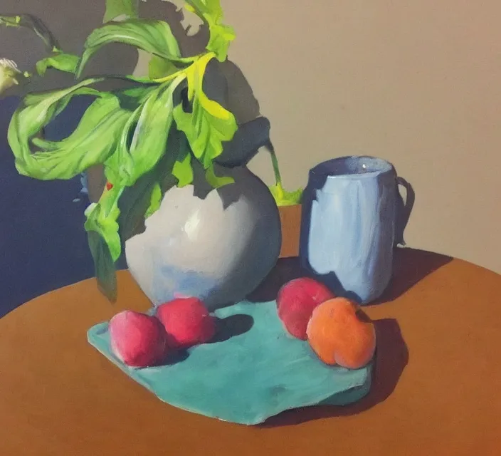 Image similar to a beautiful still life painting by a third-year art student; extraordinary masterpiece!!!!!