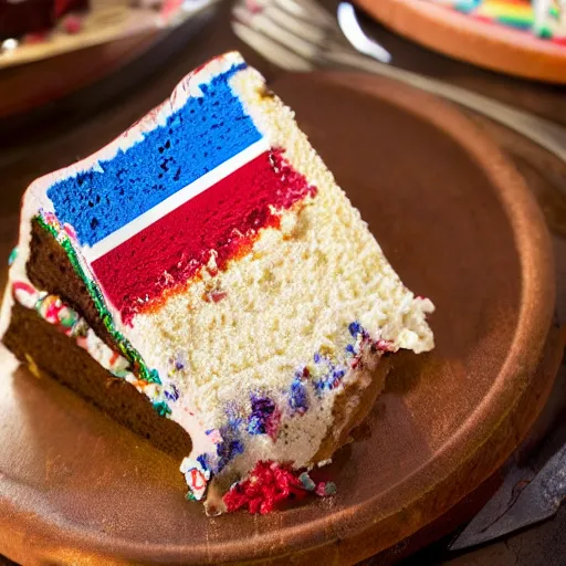 Prompt: slice of birthday cake, the cake has the pattern of the south african flag, realistic, award - winning photography