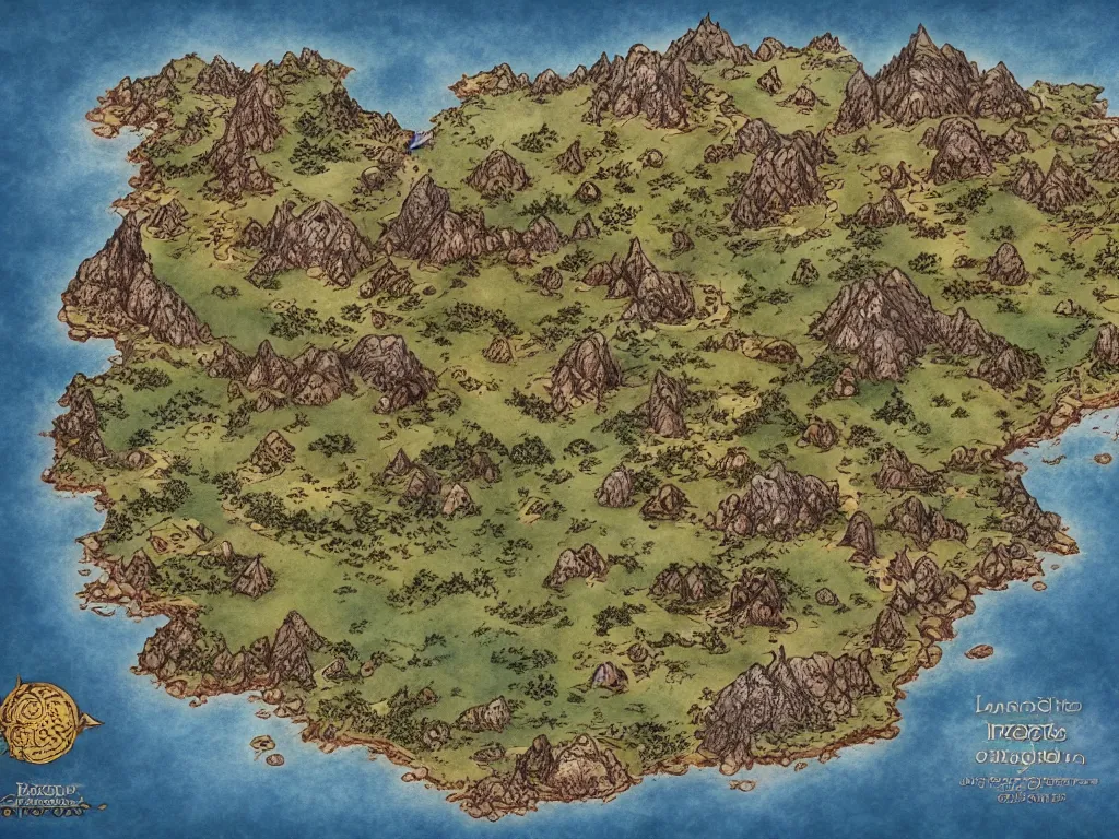 Image similar to an isometric fantasy map, the land of Odrua, uncluttered, bordered by ocean, continent with mountains lakes hills and cities, by brian froud by jrr tolkien in the dungeons and dragons and disney styles