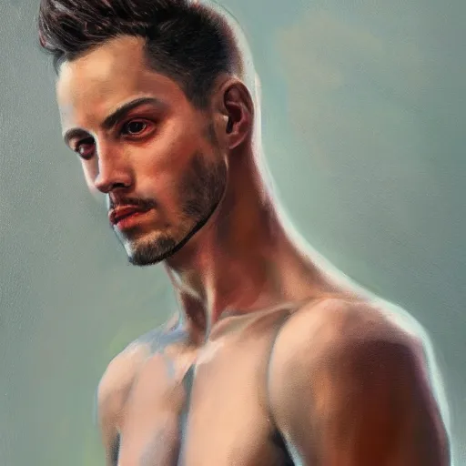 Image similar to a beautiful toned man, aesthetic, oil painting, pale colors, high detail, 8 k, wide angle, trending on artstation,