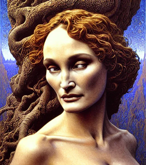 Image similar to detailed realistic beautiful young jessica lange as queen of mars face portrait by jean delville, gustave dore and marco mazzoni, art nouveau, symbolist, visionary, gothic, pre - raphaelite. horizontal symmetry by zdzisław beksinski, iris van herpen, raymond swanland and alphonse mucha. highly detailed, hyper - real, beautiful