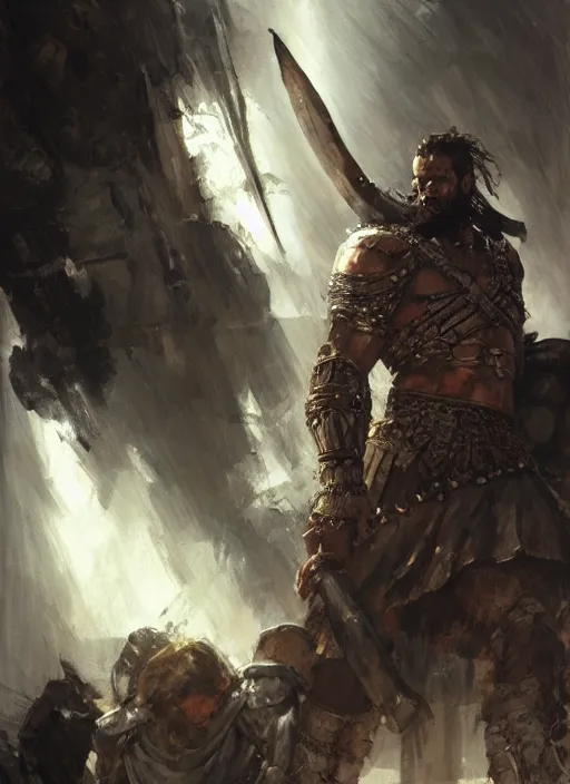 Image similar to ancient historically accurate depiction of the Bible Character Goliath of Gath, the Philistine warrior giant in ancient persian chainmail armor, dramatic lighting art by Yoji Shinkawa by Richard Schmid by greg rutkowski by Sandra Chevrier by Jeremy Lipking cinematic dramatic