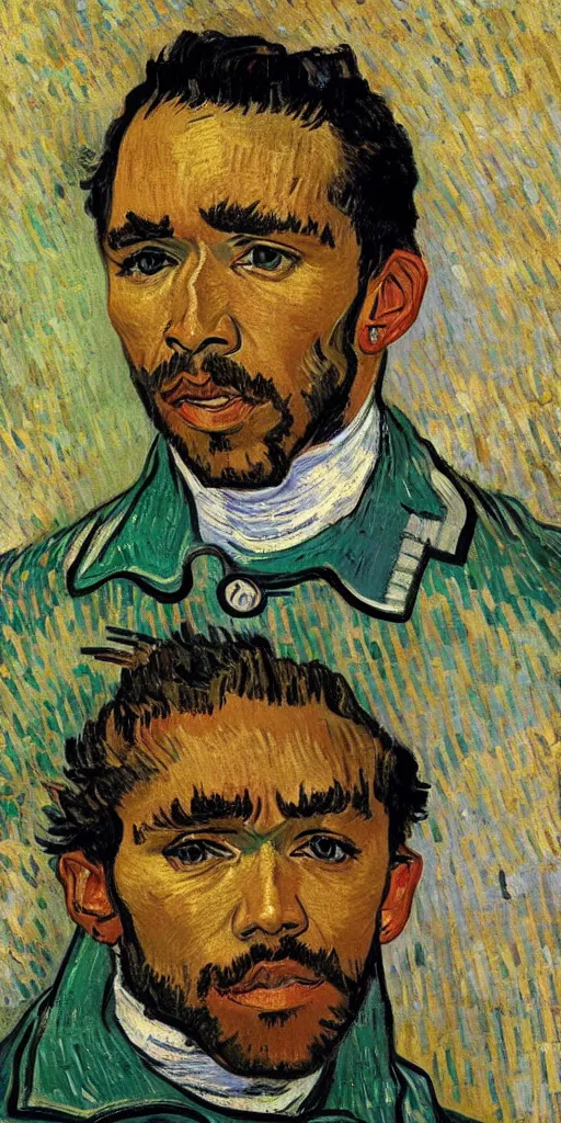 Prompt: portrait of Sir Lewis Hamilton by Van Gogh