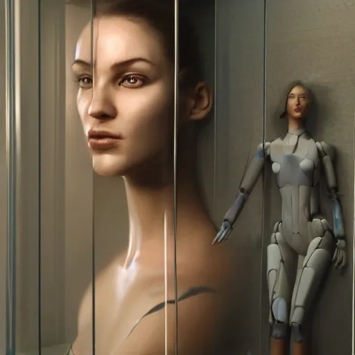 Prompt: a extremely realistic digital image of a stunning woman imprisoned in a four-dimensional glass box, with extremely realistic lifelike robots watching over her, by Andrea Chiampo, artstation and Frederik Heyman, extremely detailed woman, stunning volumetric lighting, hyper realism, fantasy 4k