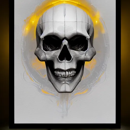 Image similar to divine skull symbol glowing in white yellow light spell scroll art by artgerm and greg rutkowski and Craig Mullins, James Jean, Andrey Ryabovichev, Mark Simonetti and Peter Morbacher 16k