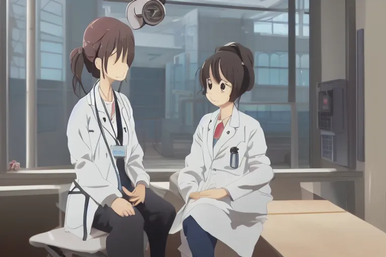 Image similar to a cute and beautiful young female doctor wearing white coat are talking with an old professor in a hospital, slice of life anime, lighting, anime scenery by Makoto shinkai