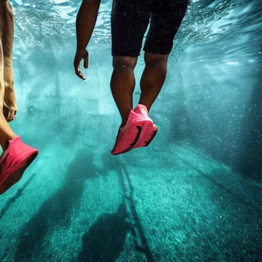 Prompt: people walking with weights in their hand on the bottom of a pool, underwater