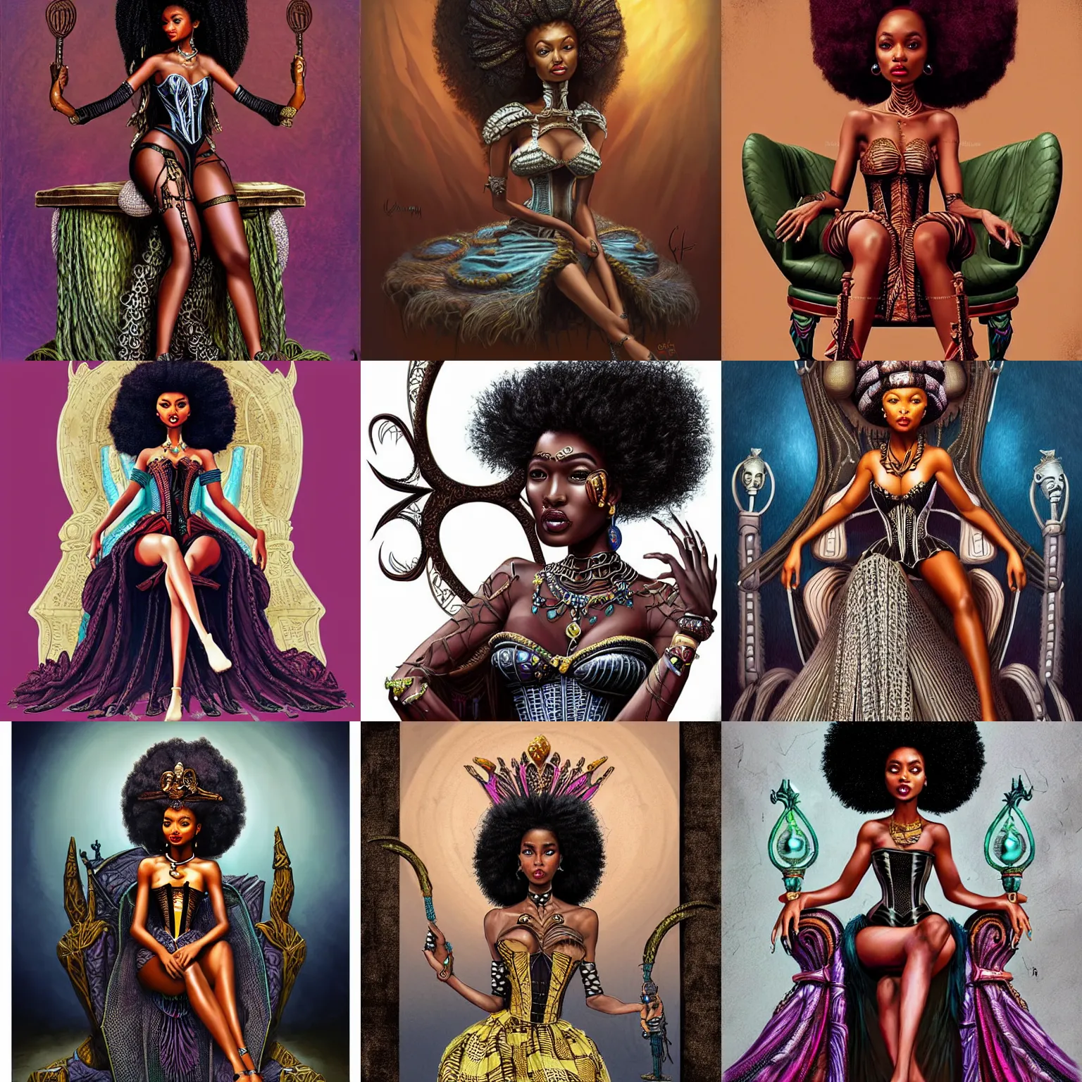 Prompt: african princess, inspired by yara shahidi with an afro, sitting legs crossed on an large epic throne inspired by giger, royalty, wearing corset inspired by brom art, inspired by artgerm, character concept art by celinart.