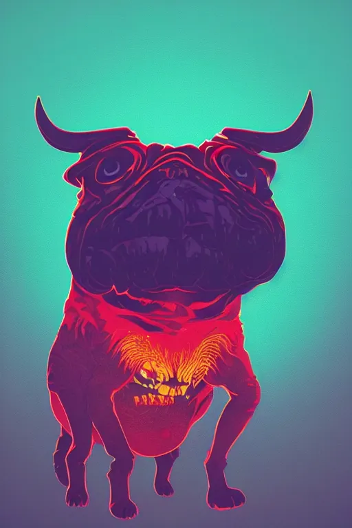 Image similar to demon pug eating flesh. art by mike winkelmann, sticker, colorful, illustration, highly detailed, simple, smooth and clean vector curves, no jagged lines, vector art, smooth