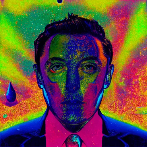 Image similar to Surrealist Portrait painting of Elon Musk's Acid Trip, album cover