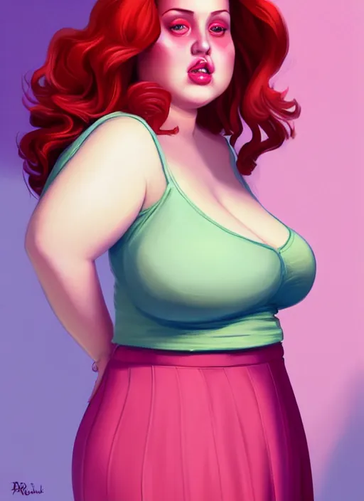 Prompt: full body portrait of teenage cheryl blossom, obese, bangs, green eyes, sultry expression, red hair, sultry smirk, bangs and wavy hair, pink skirt, fat, intricate, elegant, glowing lights, highly detailed, digital painting, artstation, concept art, smooth, sharp focus, illustration, art by wlop, mars ravelo and greg rutkowski